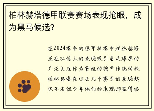 柏林赫塔德甲联赛赛场表现抢眼，成为黑马候选？