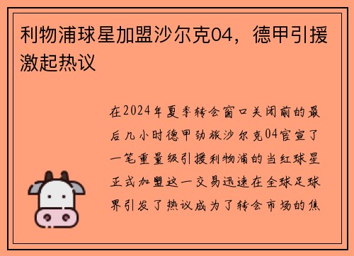 利物浦球星加盟沙尔克04，德甲引援激起热议
