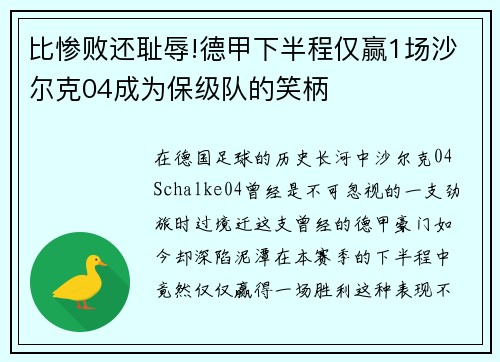 比惨败还耻辱!德甲下半程仅赢1场沙尔克04成为保级队的笑柄