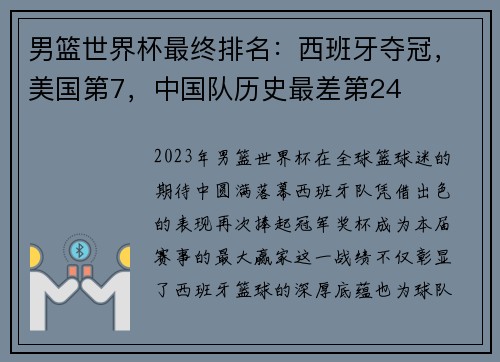 男篮世界杯最终排名：西班牙夺冠，美国第7，中国队历史最差第24