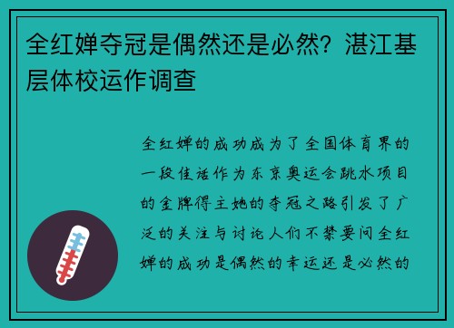 全红婵夺冠是偶然还是必然？湛江基层体校运作调查