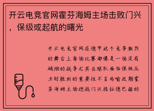 开云电竞官网霍芬海姆主场击败门兴，保级或起航的曙光