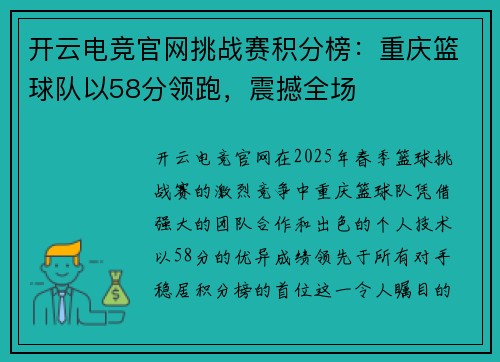 开云电竞官网挑战赛积分榜：重庆篮球队以58分领跑，震撼全场