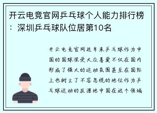开云电竞官网乒乓球个人能力排行榜：深圳乒乓球队位居第10名